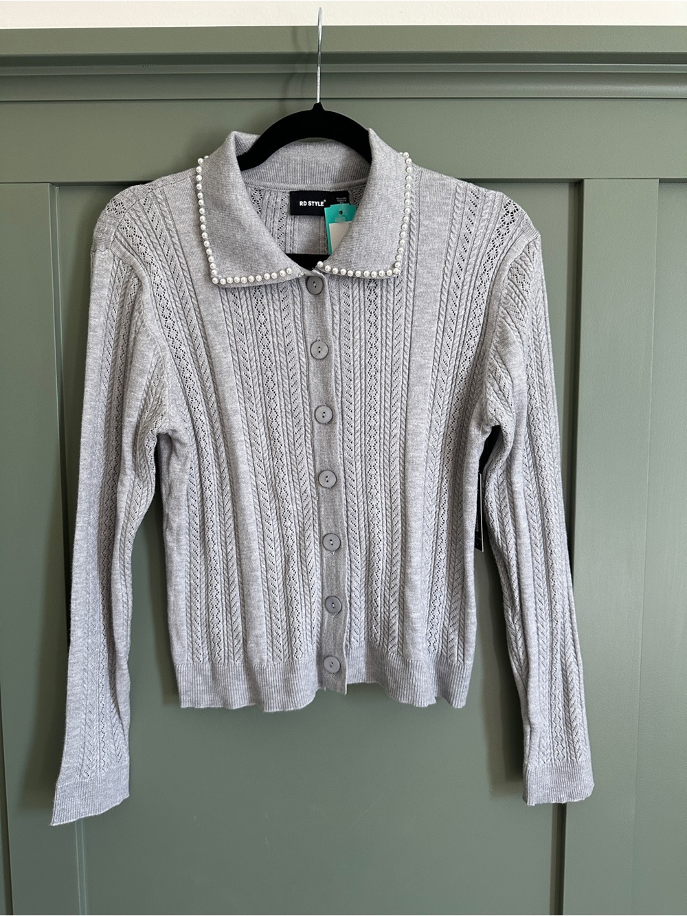 RD Style Avery Light Gray Pearl-Trim Cable Cardigan